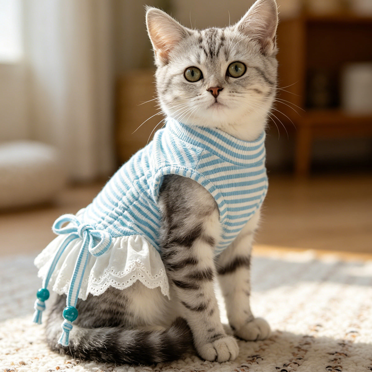 Dongker Cat Sleeveless Dress Striped Rib Knit Eyelet Lace