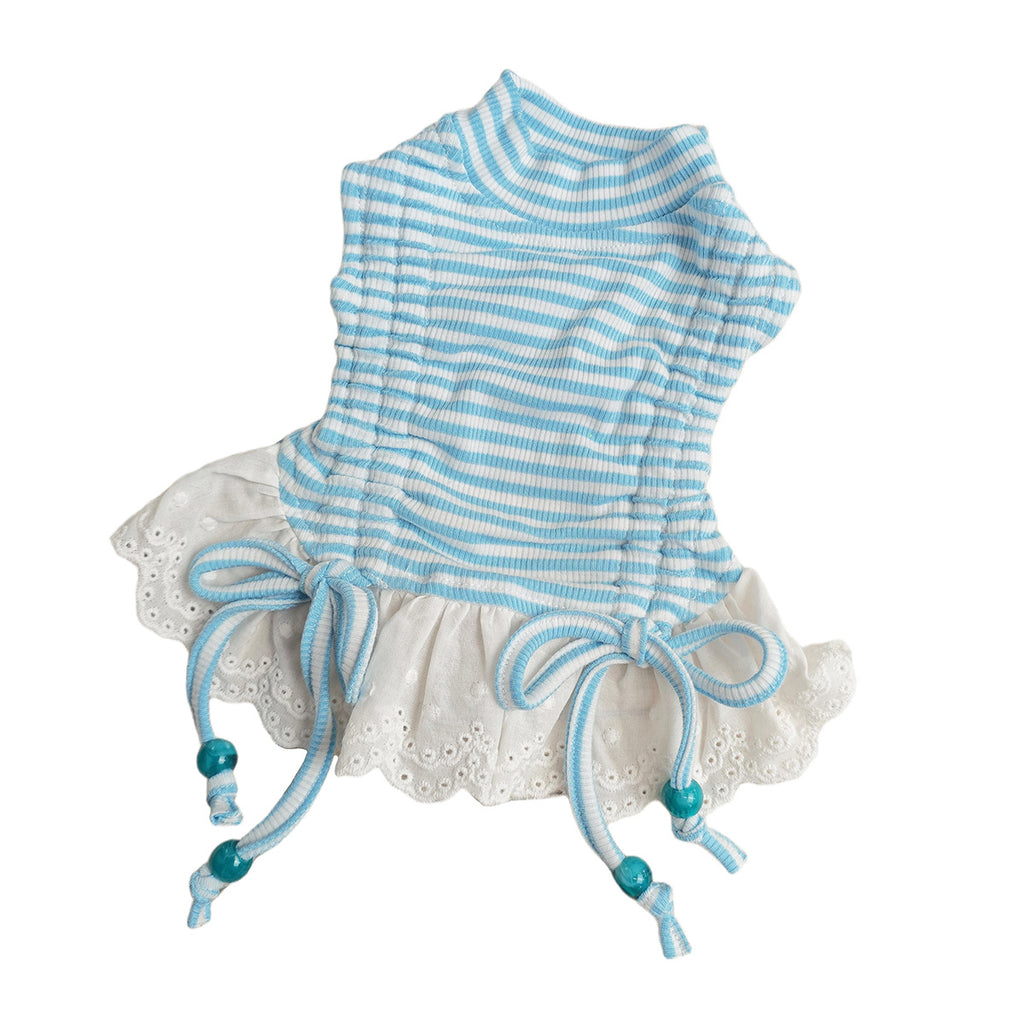 Dongker Cat Sleeveless Dress Striped Rib Knit Eyelet Lace