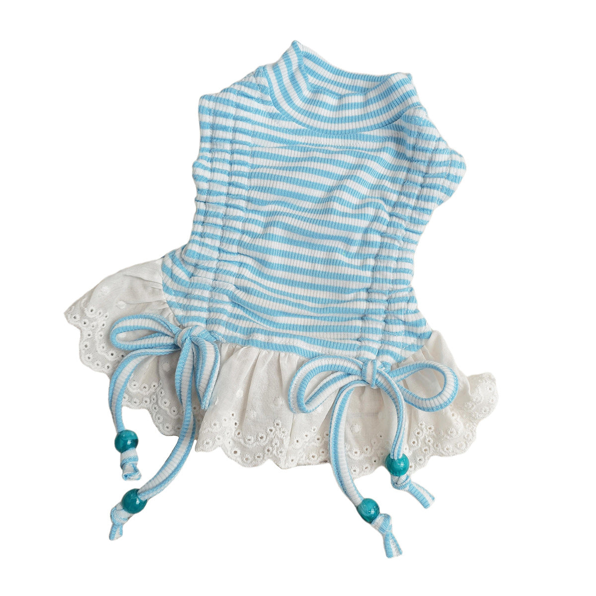 Dongker Cat Sleeveless Dress Striped Rib Knit Eyelet Lace