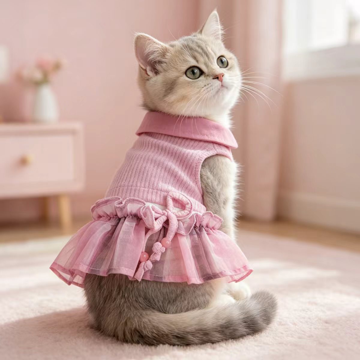 Dongker Cat and Small Dog Dress Ribbed Knit Tulle
