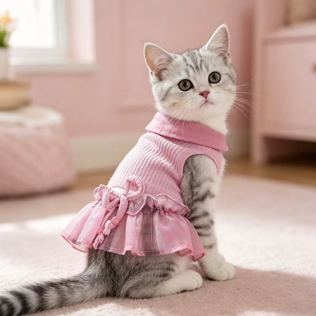 Dongker Cat and Small Dog Dress Ribbed Knit Tulle
