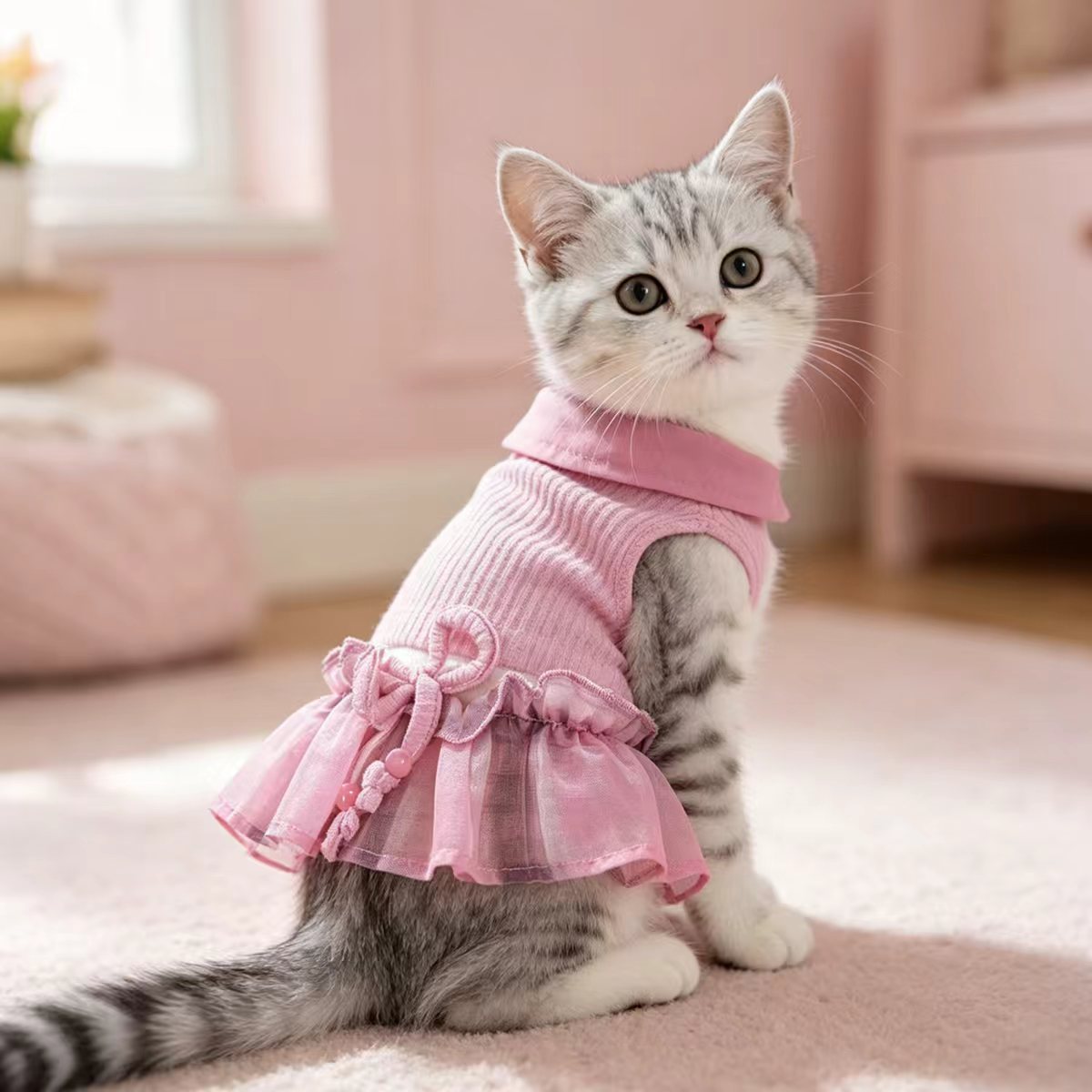 Dongker Cat and Small Dog Dress Ribbed Knit Tulle