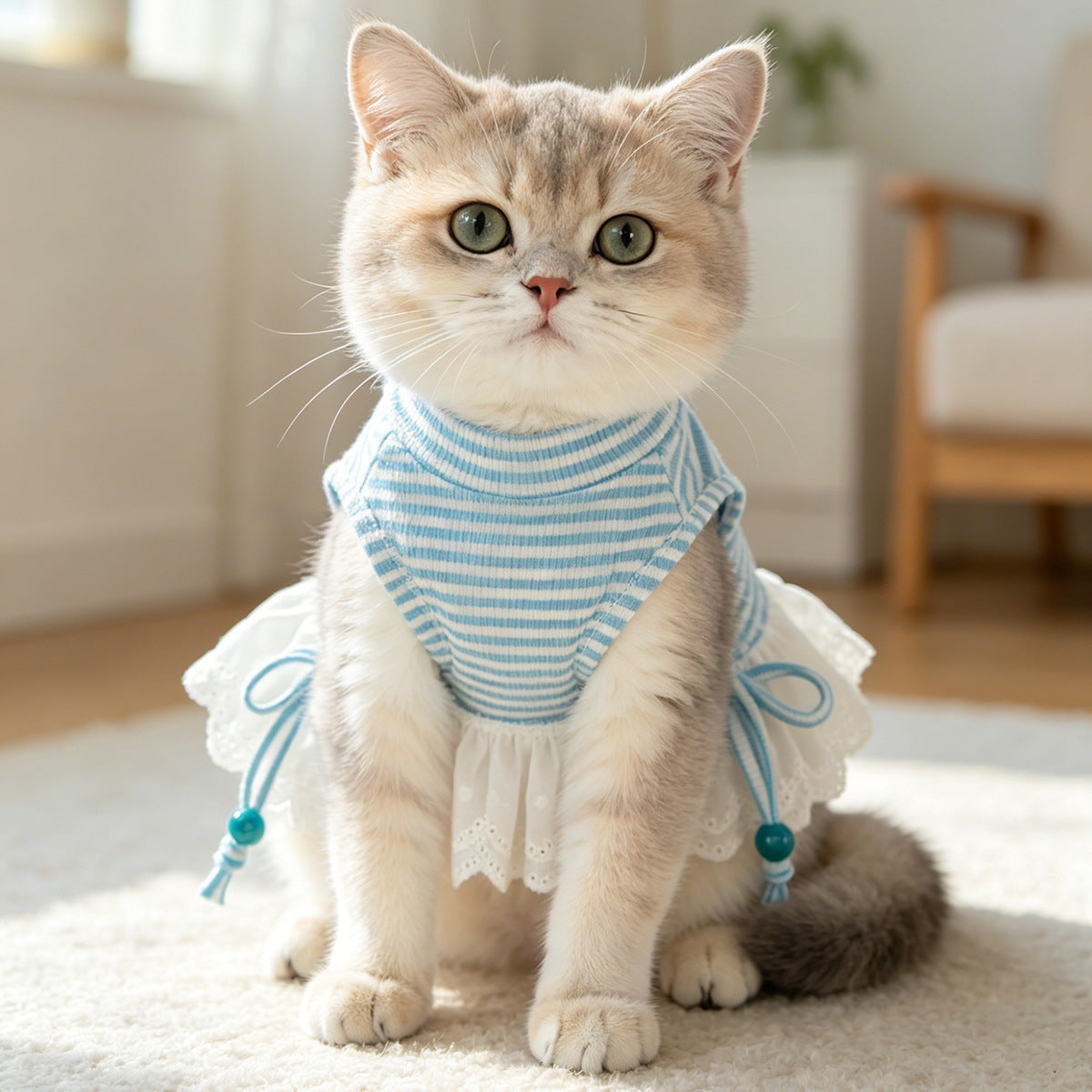 Dongker Cat Sleeveless Dress Striped Rib Knit Eyelet Lace
